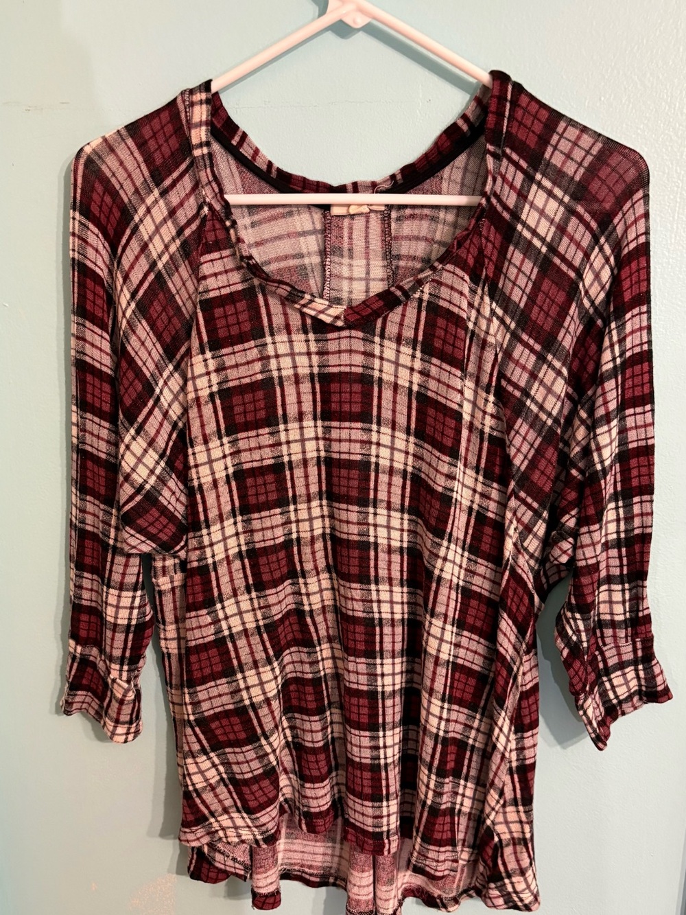 Women's Burgundy Plaid V-Neck Long Sleeve Top